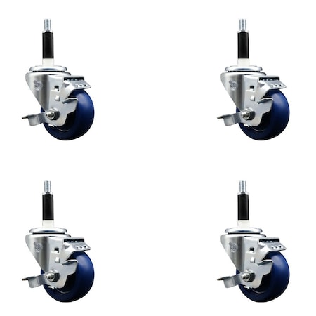 Service Caster 3'' Solid Poly Swivel 7/8'' Expanding Stem Caster Set with Brake, 4PK SCC-EX20S314-SPUS-TLB-78-4